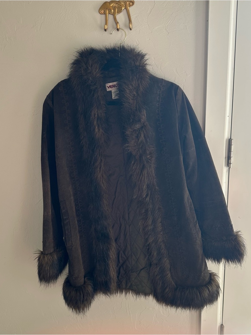 VENUS Vintage Dark Brown Faux Fur Trim Suede Trench Coat